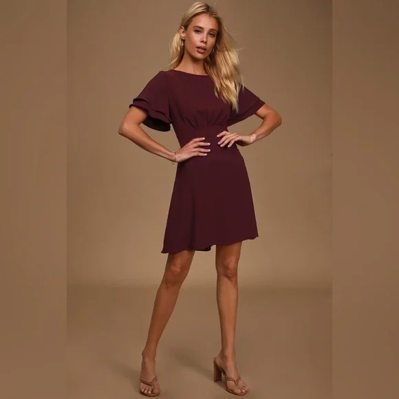 Lulus | Dresses | Lulus New Kind Of Love Burgundy Ruffled Short Sleeve  Skater Dress Small | Poshmark